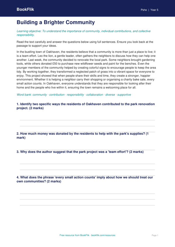 Free Community Comprehension | Grade 4 | Health & Wellness | BookFlik worksheet preview — Pshe Community