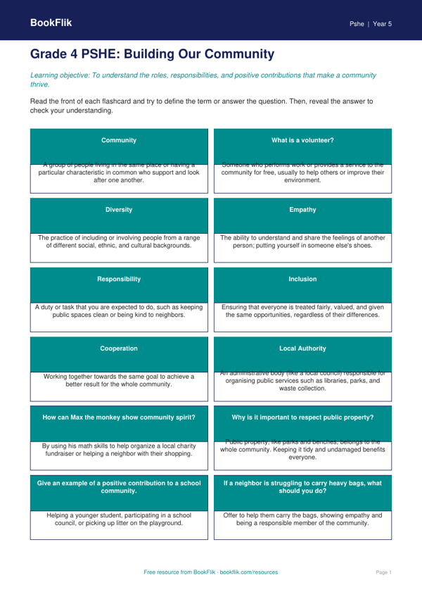 Free Community Flashcards | Grade 4 | Health & Wellness | BookFlik worksheet preview — Pshe Community