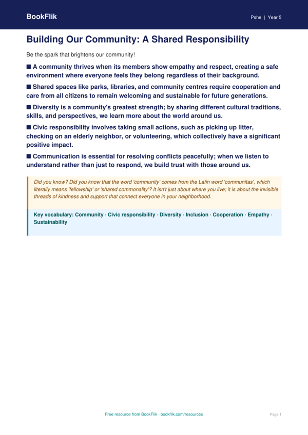 Free Community Poster | Grade 4 | Health & Wellness | BookFlik worksheet preview — Pshe Community