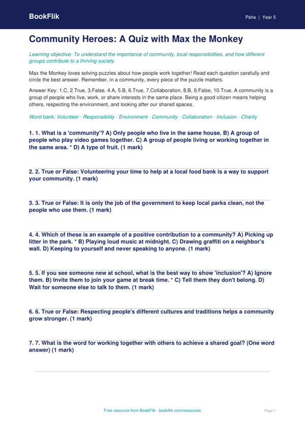 Free Community Quiz | Grade 4 | Health & Wellness | BookFlik worksheet preview — Pshe Community