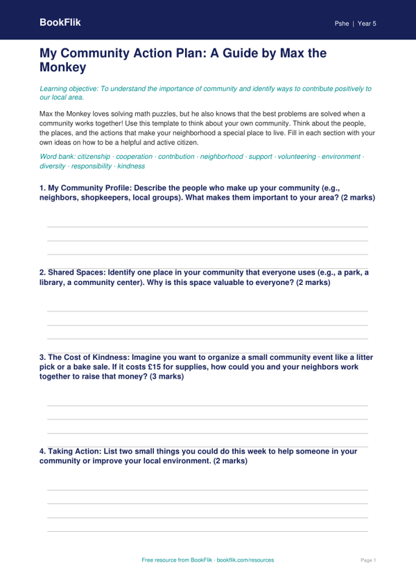 Community Template Grade 4 | Health & Wellness | BookFlik worksheet preview — Pshe Community