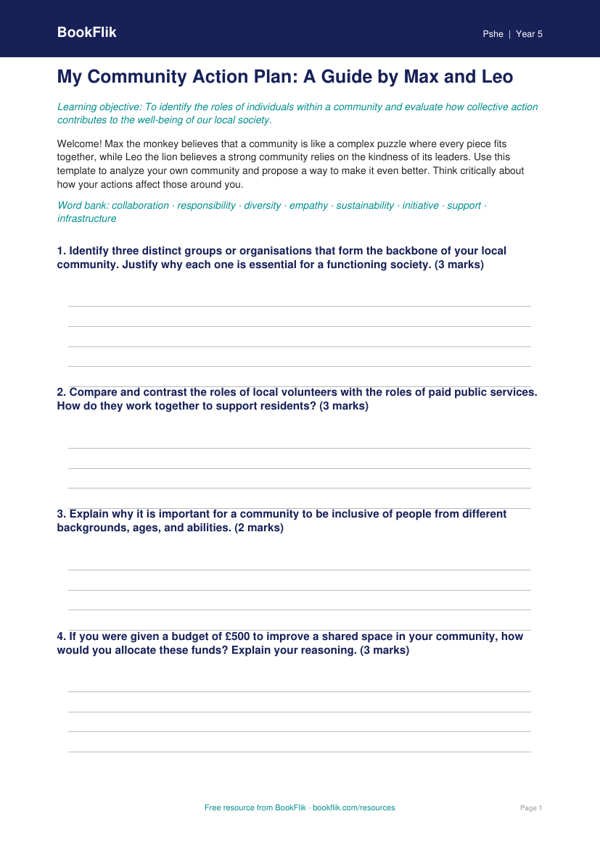 Free Community Template | Grade 4 | Health & Wellness | BookFlik worksheet preview — Pshe Community