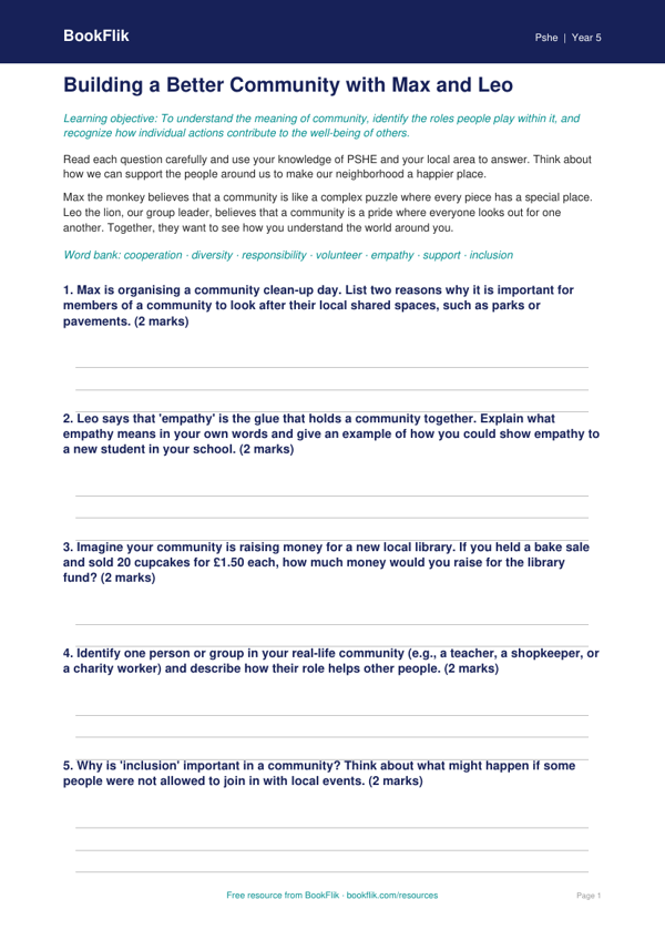 Free Community Worksheet | Grade 4 | Health & Wellness | BookFlik worksheet preview — Pshe Community