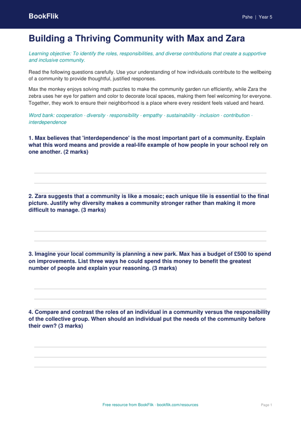 Free Community Worksheet | Grade 4 | Health & Wellness | BookFlik worksheet preview — Pshe Community