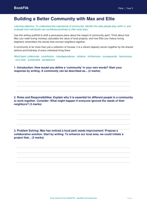 Free Community Writing Frame | Grade 4 | Health & Wellness | BookFlik worksheet preview — Pshe Community