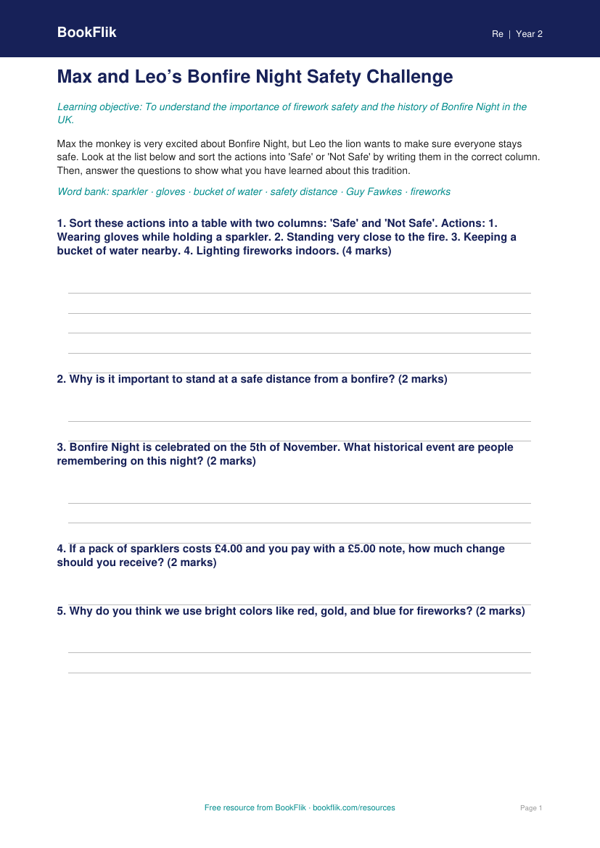 Free Bonfire Night Activity Sheet | Grade 1 | Social Studies | BookFlik worksheet preview — Re Bonfire Night