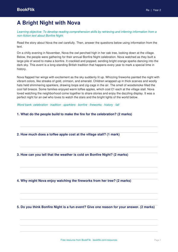 Free Bonfire Night Comprehension | Grade 1 | Social Studies | BookFlik worksheet preview — Re Bonfire Night