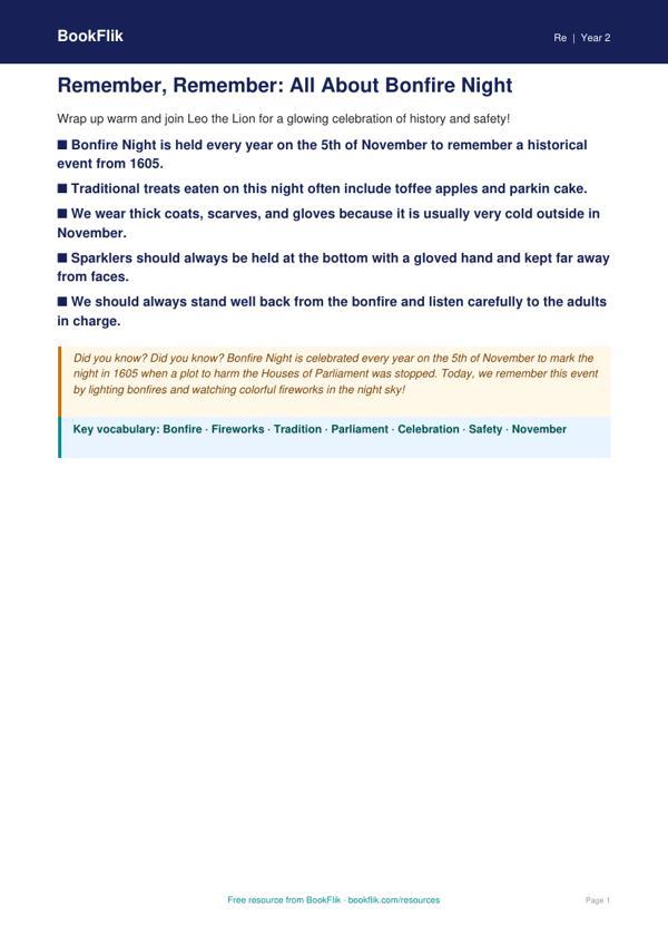 Free Bonfire Night Poster | Grade 1 | Social Studies | BookFlik worksheet preview — Re Bonfire Night