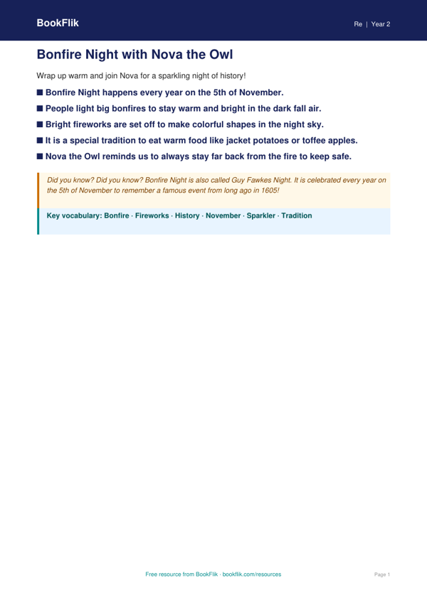 Free Bonfire Night Poster Activity | Grade 1 | Social Studies | BookFlik worksheet preview — Re Bonfire Night