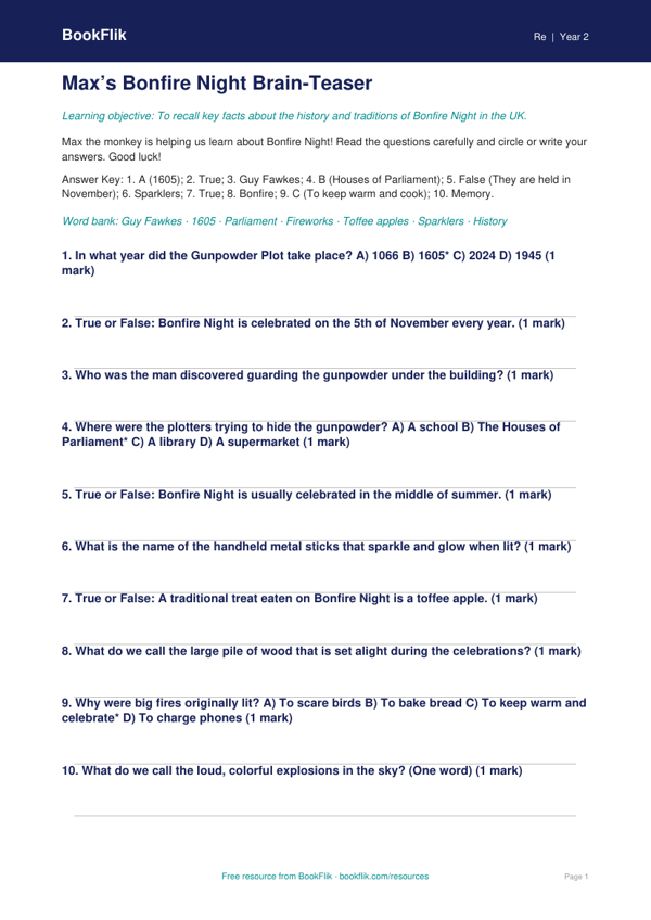 Free Bonfire Night Quiz | Grade 1 | Social Studies | BookFlik worksheet preview — Re Bonfire Night