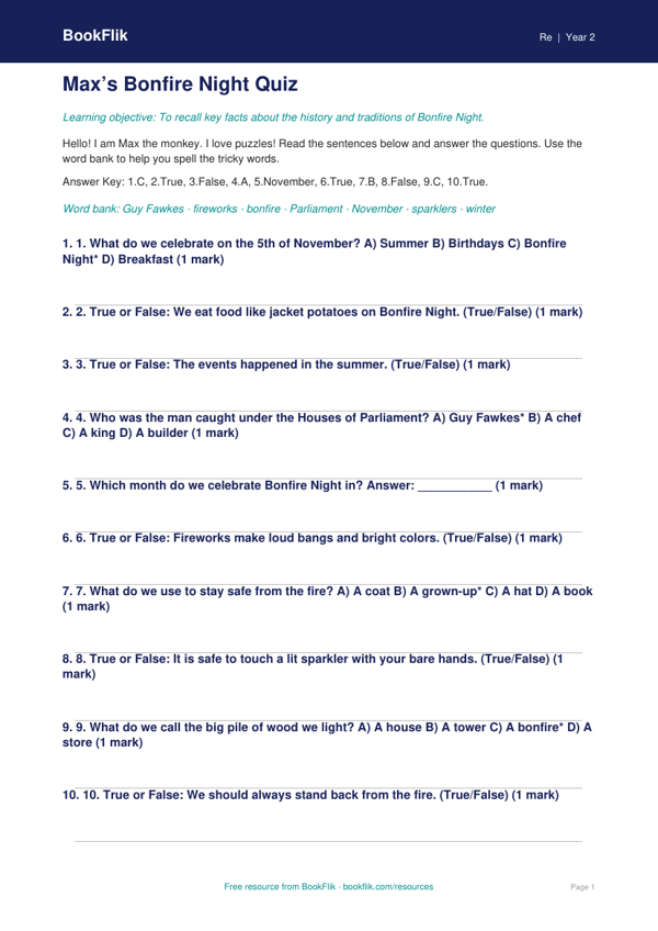 Bonfire Night Quiz for Grade 1 | Social Studies Worksheet worksheet preview — Re Bonfire Night
