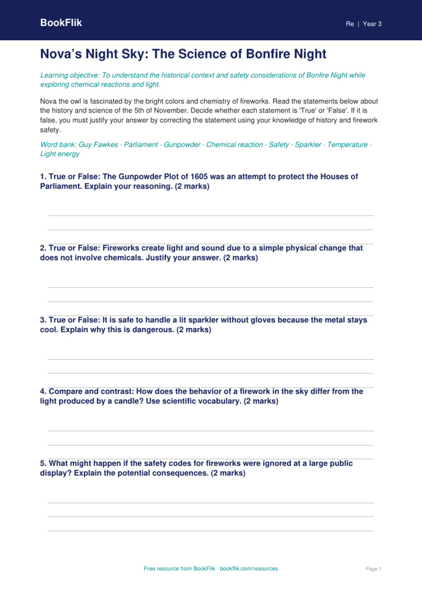 Free Bonfire Night Activity Sheet | Grade 2 | Social Studies | BookFlik worksheet preview — Re Bonfire Night