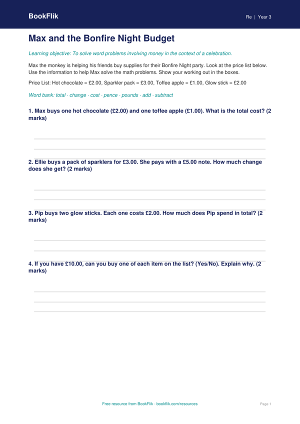 Free Bonfire Night Activity Sheet | Grade 2 | Social Studies | BookFlik worksheet preview — Re Bonfire Night