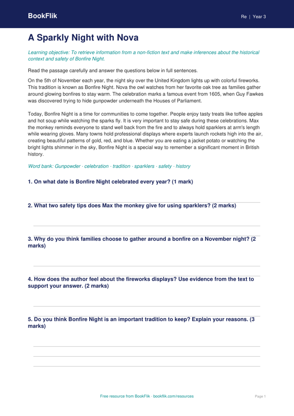 Free Bonfire Night Comprehension | Grade 2 | Social Studies | BookFlik worksheet preview — Re Bonfire Night