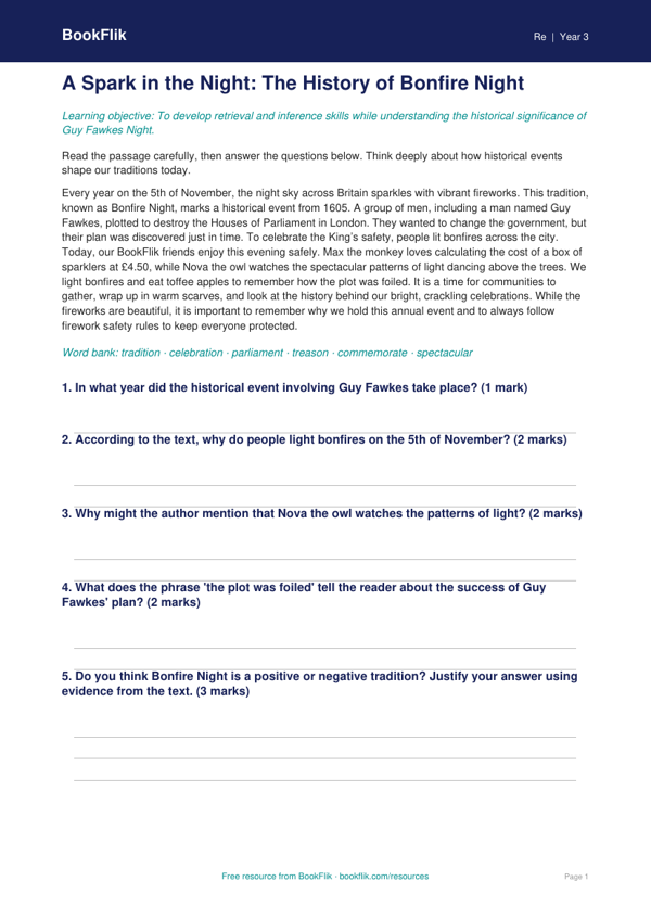 Free Bonfire Night Comprehension | Grade 2 | Social Studies | BookFlik worksheet preview — Re Bonfire Night