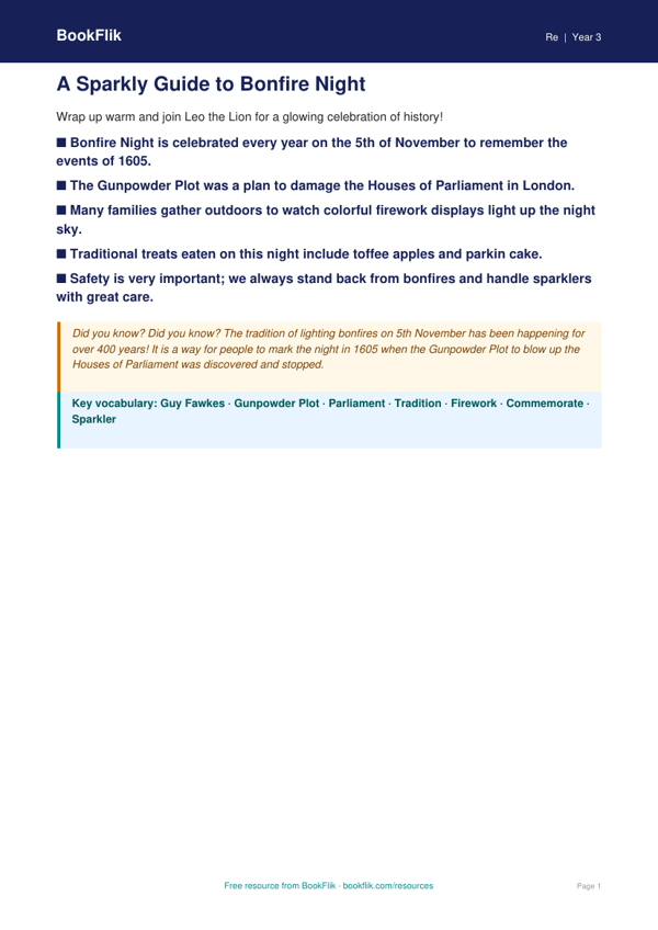 Bonfire Night History Lesson for Grade 2 | Free Activity | BookFlik worksheet preview — Re Bonfire Night