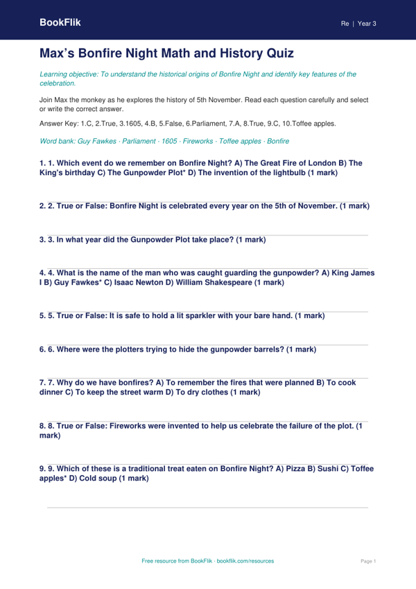 Bonfire Night History Quiz for Grade 2 | Social Studies | BookFlik worksheet preview — Re Bonfire Night