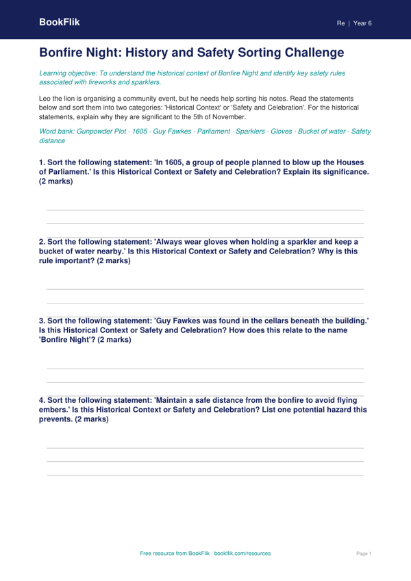 Free Bonfire Night Activity Sheet | Grade 5 | Social Studies | BookFlik worksheet preview — Re Bonfire Night