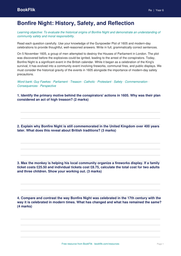 Bonfire Night History & Social Studies Assessment | Grade 5 | BookFlik worksheet preview — Re Bonfire Night