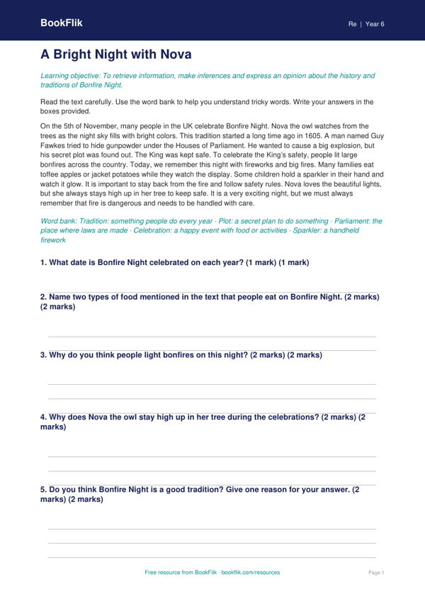 Free Bonfire Night Comprehension | Grade 5 | Social Studies | BookFlik worksheet preview — Re Bonfire Night