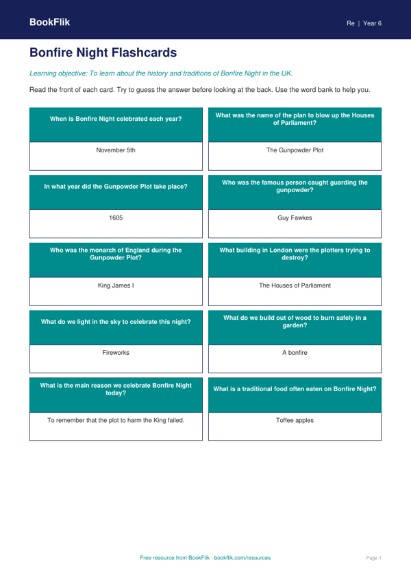 Bonfire Night History Worksheet | Grade 5 | Social Studies | BookFlik worksheet preview — Re Bonfire Night