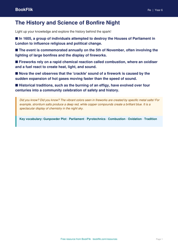 Bonfire Night History Lesson & Poster Activity | Grade 5 | BookFlik worksheet preview — Re Bonfire Night