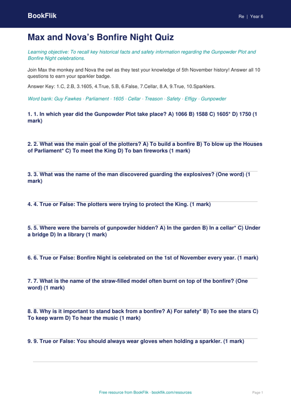 Bonfire Night History Quiz for Grade 5 | Social Studies | BookFlik worksheet preview — Re Bonfire Night