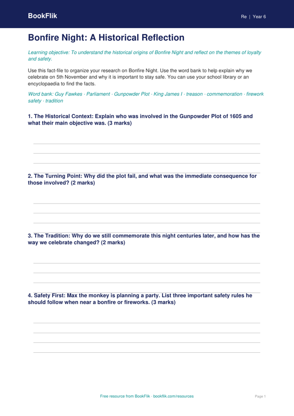 Free Bonfire Night History Lesson | Grade 5 | Social Studies | BookFlik worksheet preview — Re Bonfire Night