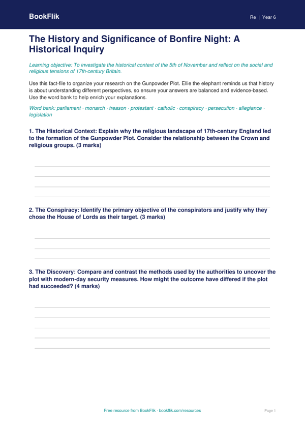 Bonfire Night History & Social Studies Lesson | Grade 5 | BookFlik worksheet preview — Re Bonfire Night