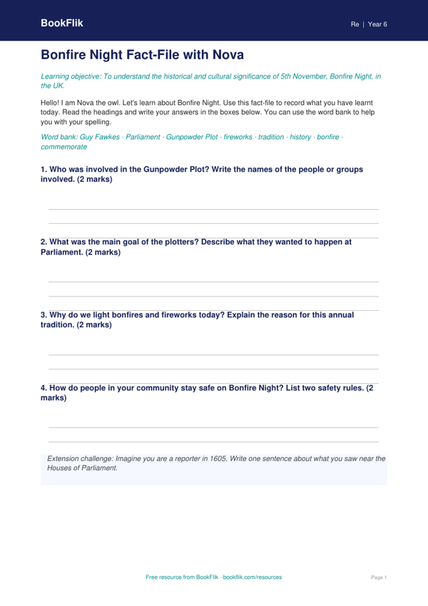 Free Bonfire Night Template | Grade 5 | Social Studies | BookFlik worksheet preview — Re Bonfire Night