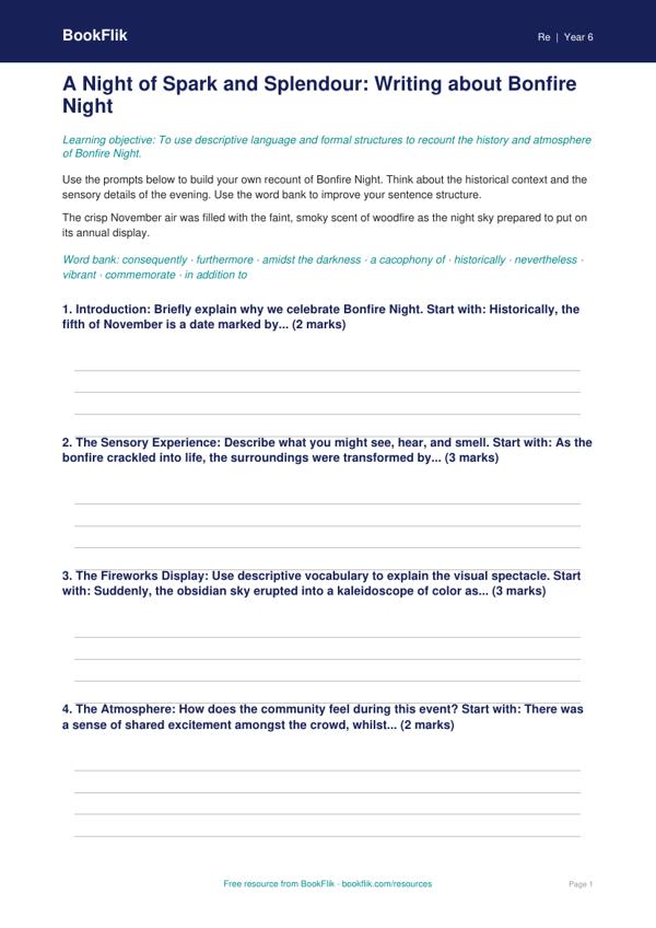 Free Bonfire Night Writing Frame | Grade 5 | Social Studies | BookFlik worksheet preview — Re Bonfire Night