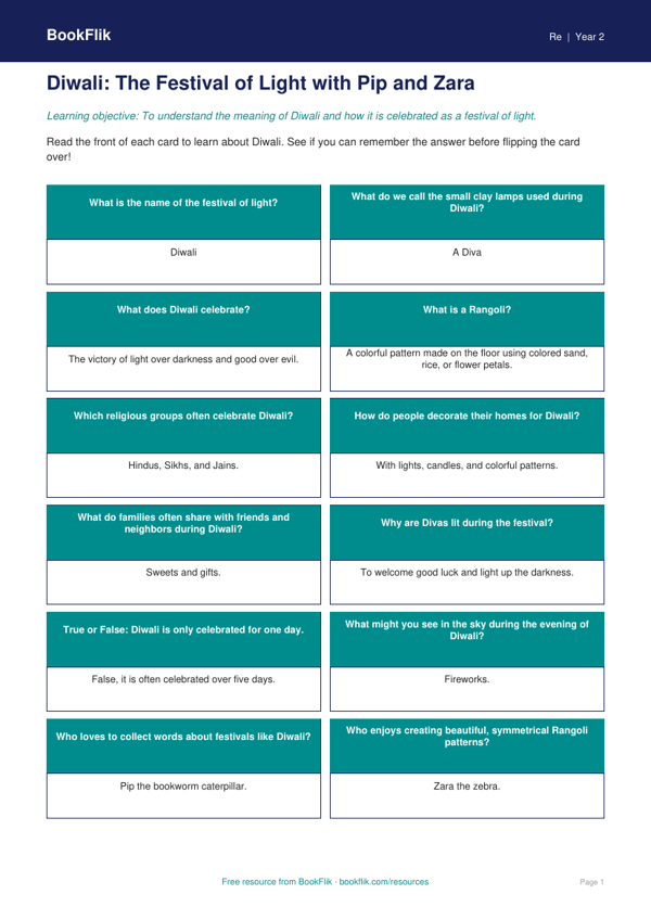 Free Diwali Flashcards | Grade 1 | Social Studies | BookFlik worksheet preview — Re Diwali
