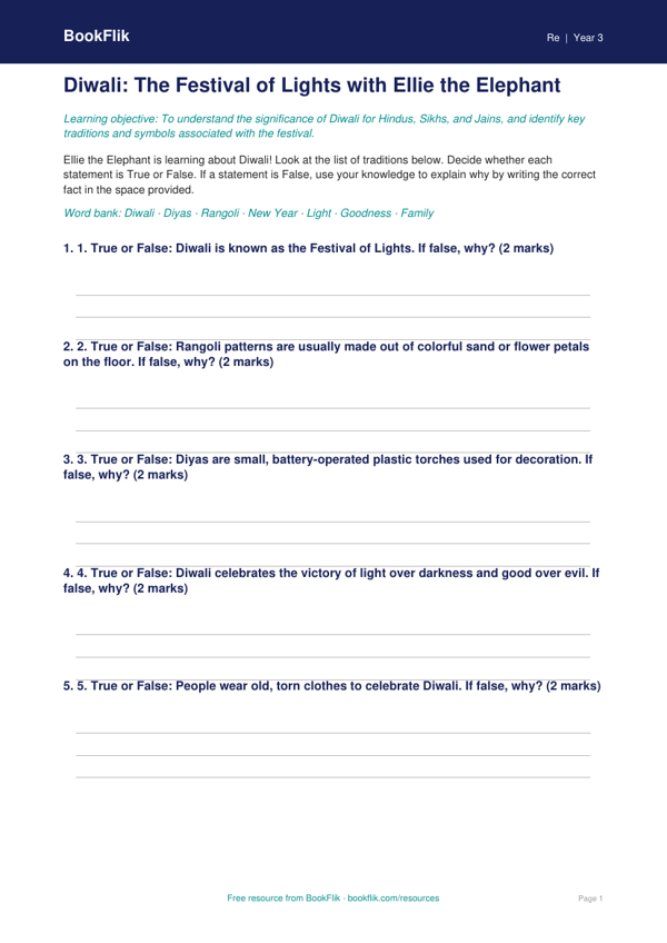 Free Diwali Activity Sheet | Grade 2 | Social Studies | BookFlik worksheet preview — Re Diwali