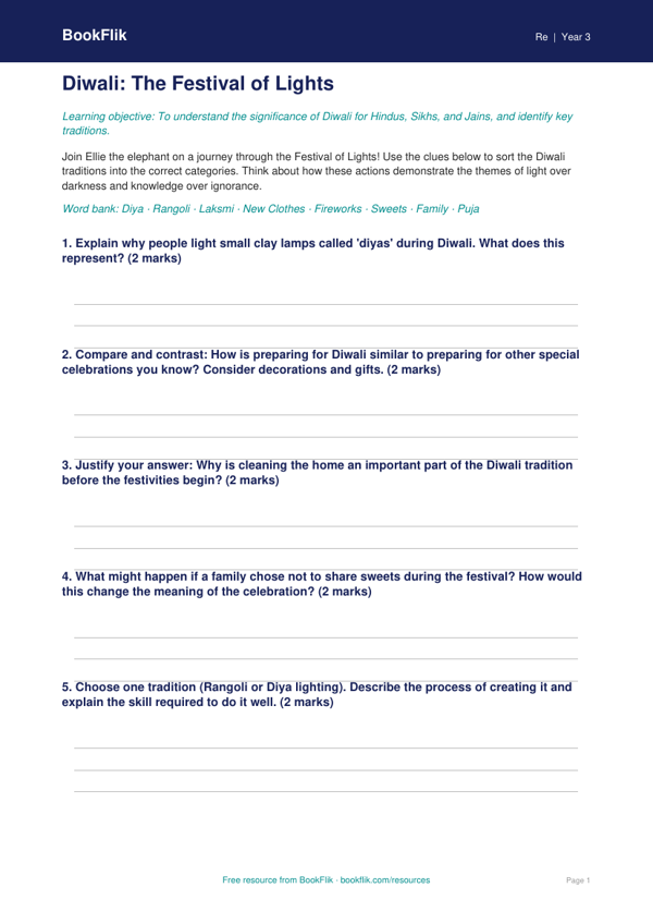 Free Diwali Activity Sheet | Grade 2 | Social Studies | BookFlik worksheet preview — Re Diwali
