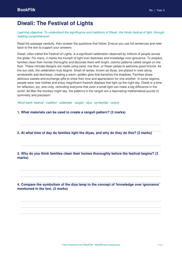 Free Diwali Comprehension | Grade 2 | Social Studies | BookFlik worksheet preview — Re Diwali