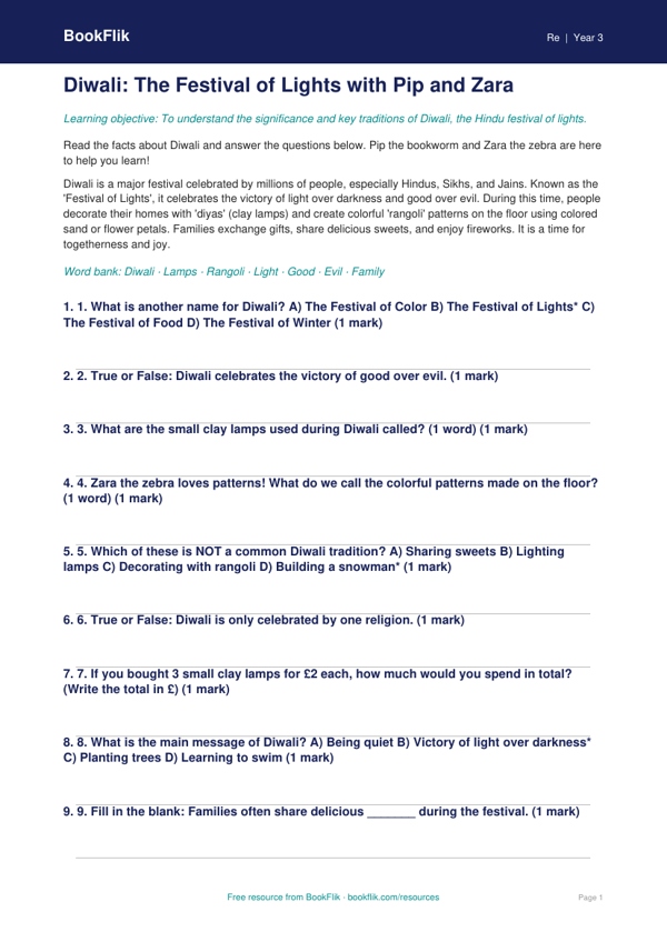 Free Diwali Quiz | Grade 2 | Social Studies | BookFlik worksheet preview — Re Diwali