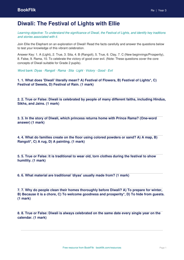 Free Diwali Quiz | Grade 2 | Social Studies | BookFlik worksheet preview — Re Diwali