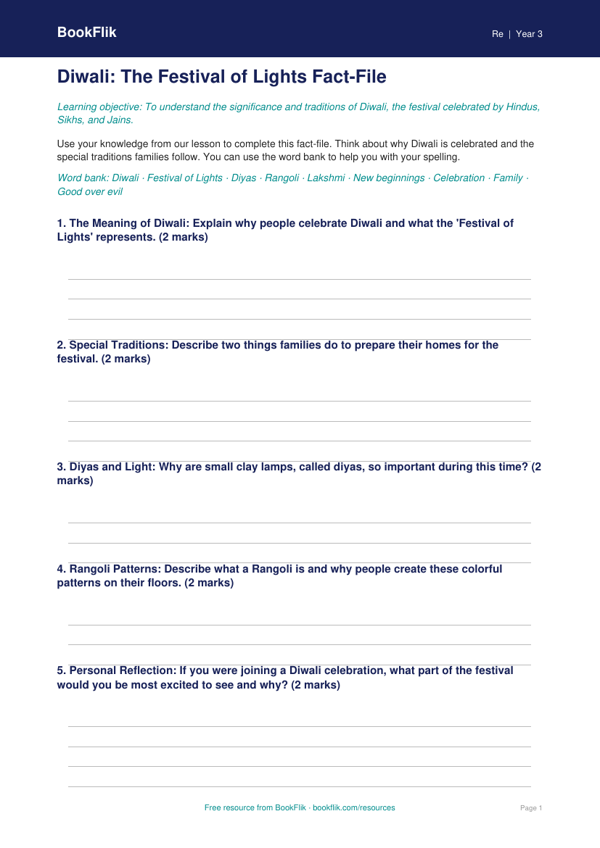 Free Diwali Template | Grade 2 | Social Studies | BookFlik worksheet preview — Re Diwali