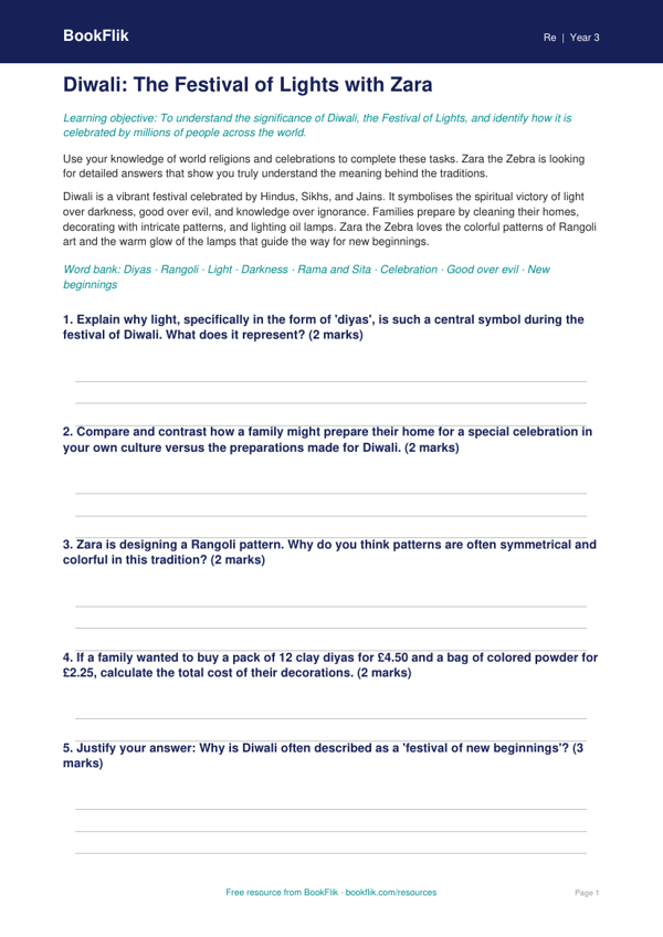 Free Diwali Worksheet | Grade 2 | Social Studies | BookFlik worksheet preview — Re Diwali