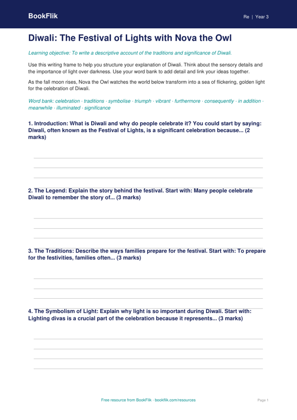 Free Diwali Writing Frame | Grade 2 | Social Studies | BookFlik worksheet preview — Re Diwali