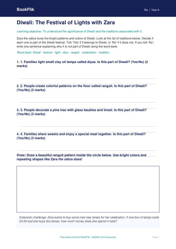 Free Diwali Activity Sheet | Grade 5 | Social Studies | BookFlik worksheet preview — Re Diwali