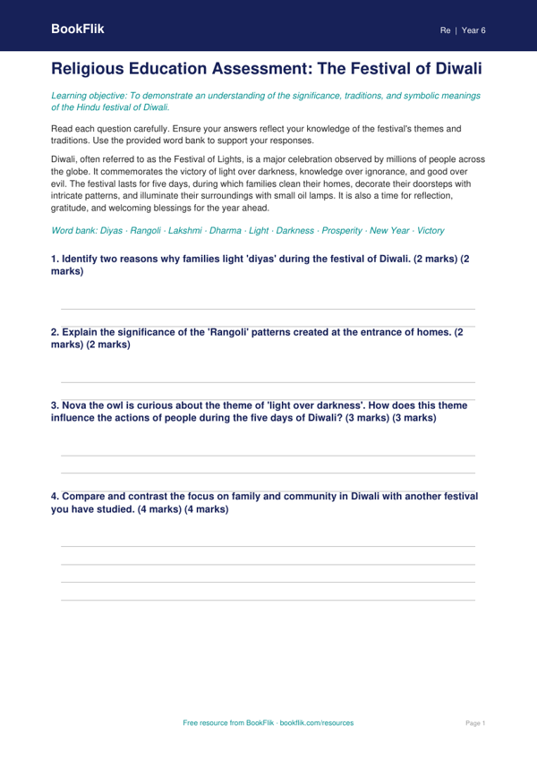 Free Diwali Assessment | Grade 5 | Social Studies | BookFlik worksheet preview — Re Diwali