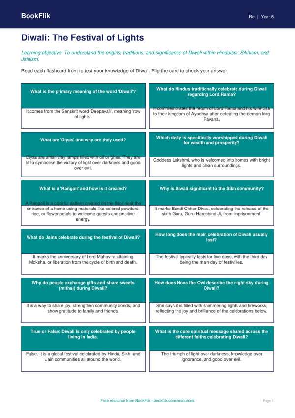 Free Diwali Flashcards | Grade 5 | Social Studies | BookFlik worksheet preview — Re Diwali