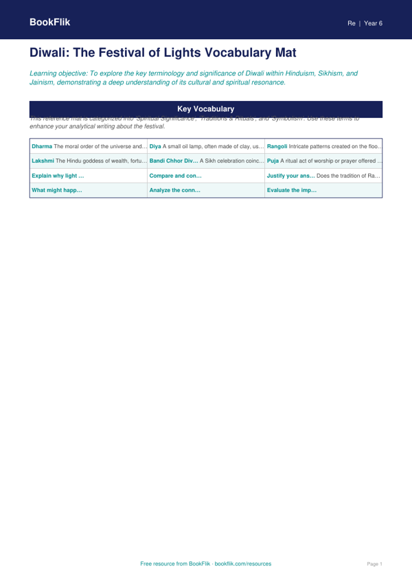 Free Diwali Word Mat | Grade 5 | Social Studies | BookFlik worksheet preview — Re Diwali