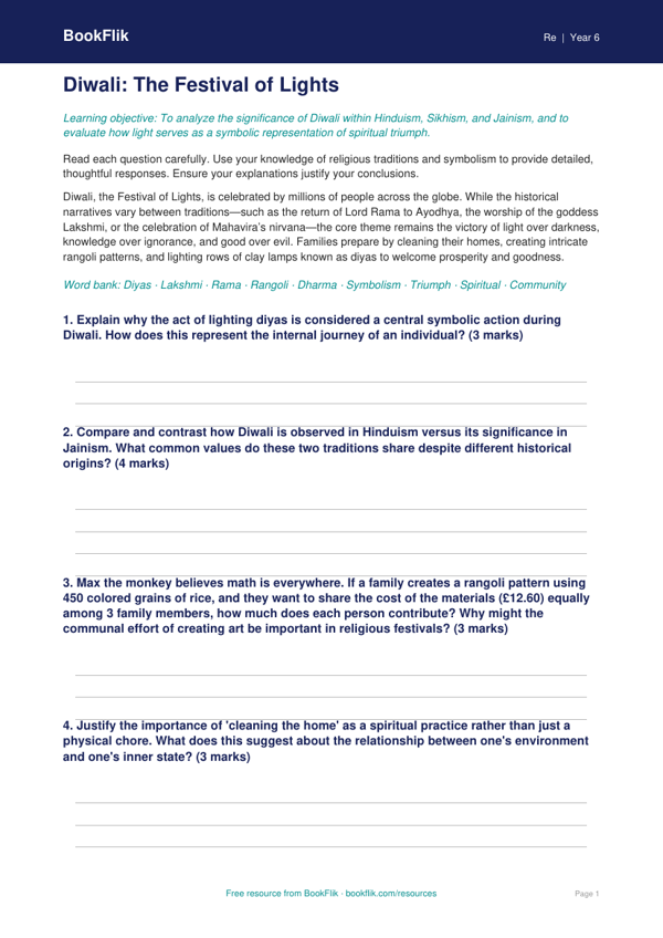 Free Diwali Worksheet | Grade 5 | Social Studies | BookFlik worksheet preview — Re Diwali