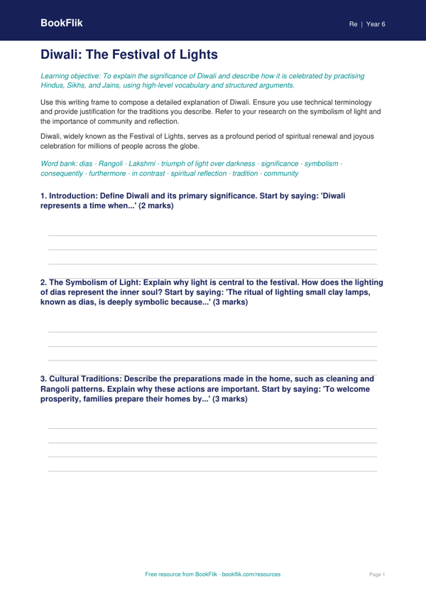 Free Diwali Writing Frame | Grade 5 | Social Studies | BookFlik worksheet preview — Re Diwali