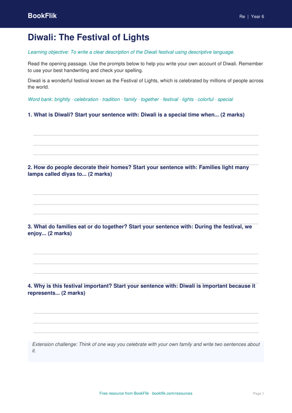 Free Diwali Writing Frame | Grade 5 | Social Studies | BookFlik worksheet preview — Re Diwali