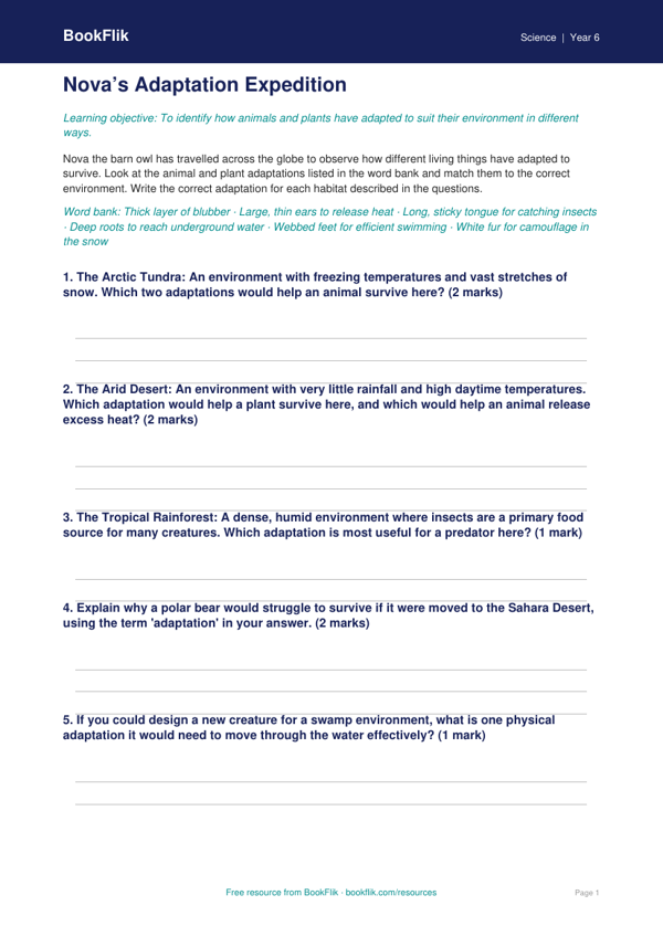 Free Adaptation Activity Sheet | Grade 5 | Science | BookFlik