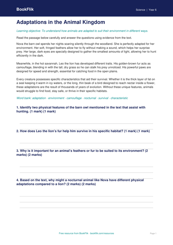 Free Adaptation Comprehension | Grade 5 | Science | BookFlik worksheet preview — Science Adaptation