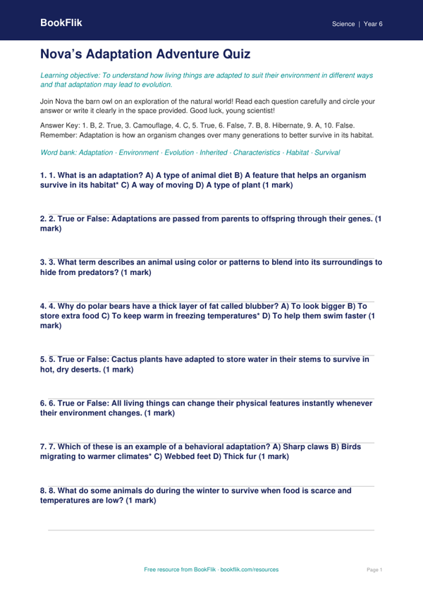 Free Adaptation Quiz | Grade 5 | Science | BookFlik worksheet preview — Science Adaptation